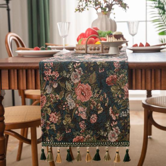 Christmas Green Jacquard Table Runner with Tassel Decorative Festive Table Flag