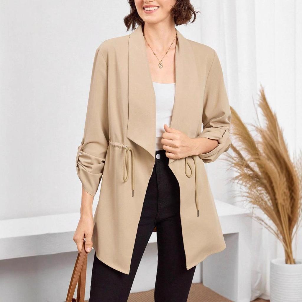 Women's Autumn and Winter Fashion Loose Solid Color Rolled-up Sleeved Mid-length Trench Coat