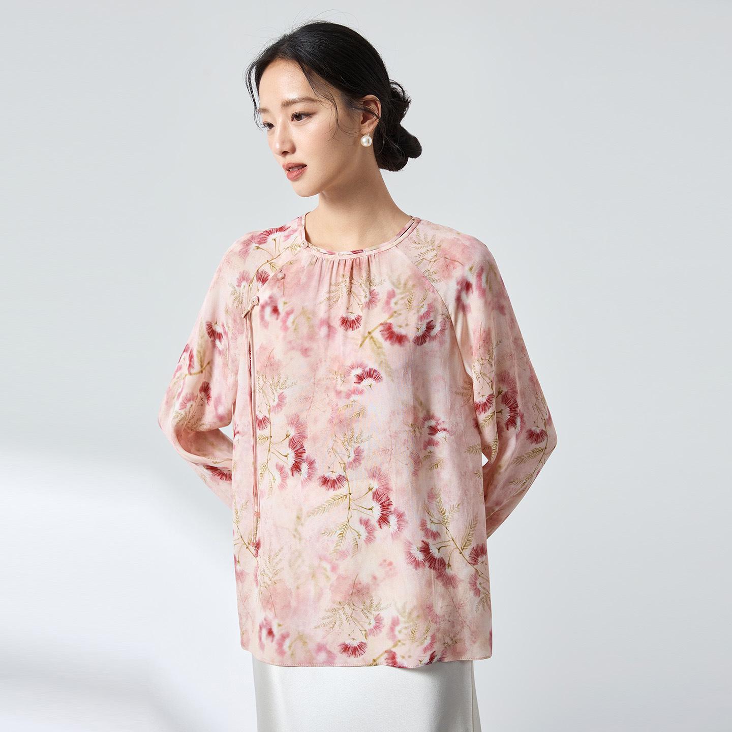 

New Chinese Style Mid-Length 20 Momme Silk-Viscose Crepe Blouse M рожевий