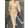 2025 New Fashion: Elegant Satin Long Sleeve Tie-Up Top & Midi Skirt