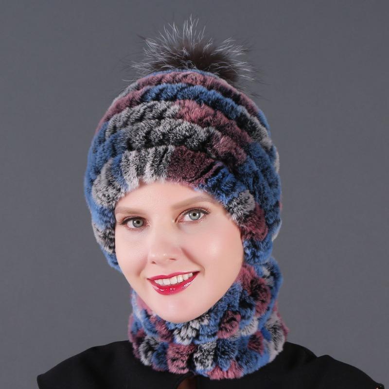 New hat scarf winter thickened thermal hat Rex rabbit fur grass Rex rabbit fur scarf two-piece set