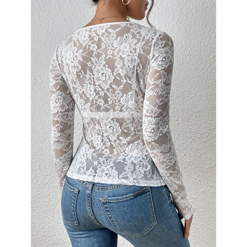 Sexy Single-layer Lace-trimmed Base Tops for Spring and Autumn Women's T-Shirts