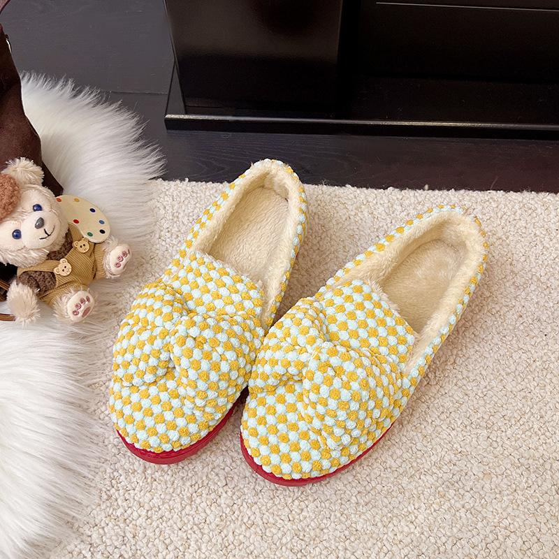 Processing Customized Slippers Women's Winter Cute Bow Indoor Thick-soled Non-slip Cotton Shoes Piled and Thickened Soft-soled Casual