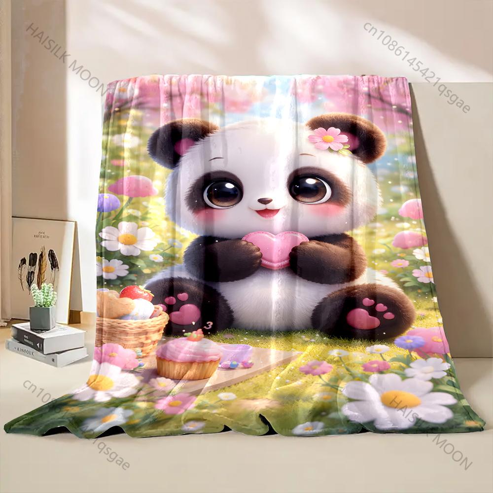 1PC Cute panda picnic in flowers Print Blanket Warm Soft Fluffy Kids and Adult Sofa Bed Throw Blanket for Home Travel Camping
