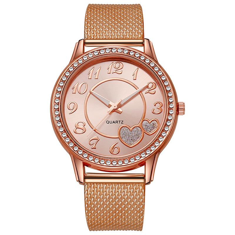 Rose Gold Peach Heart Mesh Quartz Watch with Diamond Inlay for Women