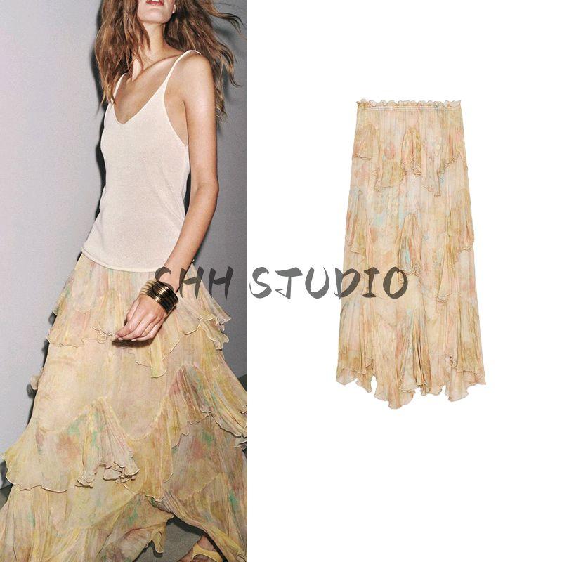 Summer New Product Women's Clothes Mid-Waist Asymmetric Hem Print Laminated Decoration Skirt 3694011