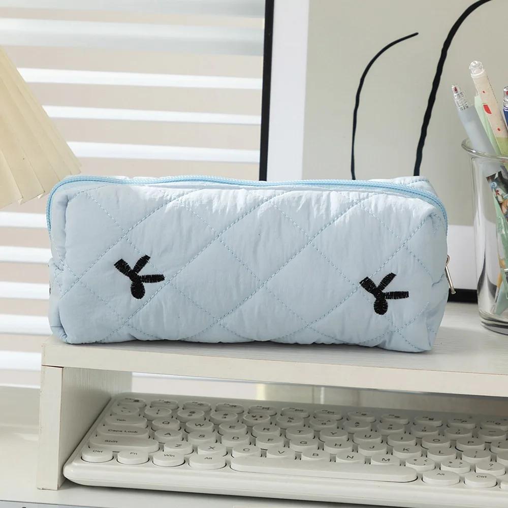 Cotton Quilted Bow Pencil Bags Floral INS Style Student Pen Pouch Large-Capacity Stationery Supplies