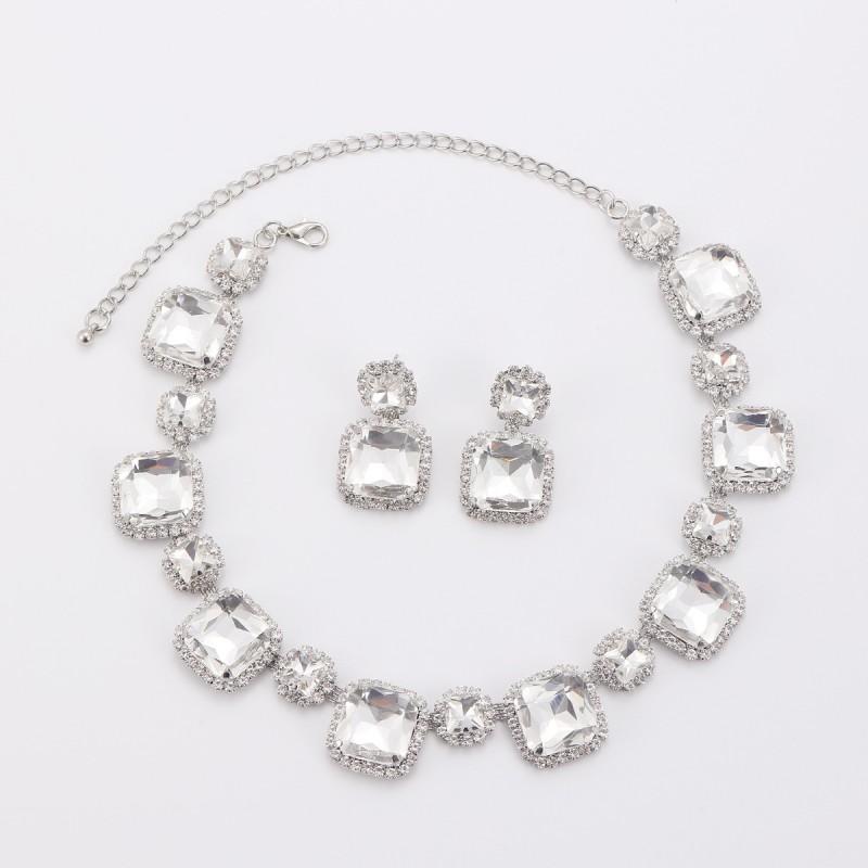 Elegant Green Red White Rhinestone Jewelry Set Women Fashion OL Style Earrings Necklace With Geometric Square Design