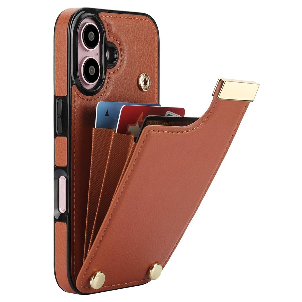 

For iPhone 16 Case TPU+PU Leather Hardware Decor Phone Cover with Card Holder Brown