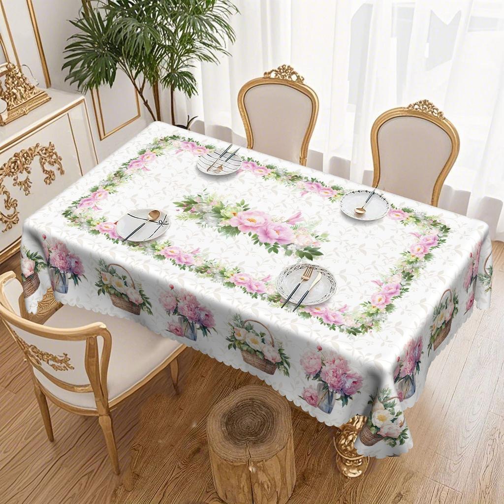 Round Dining Table Cloth, Pink Flower Basket Vase Waterproof And Oil-Proof Leave-In Tablecloth, Household Dining Table Cloth