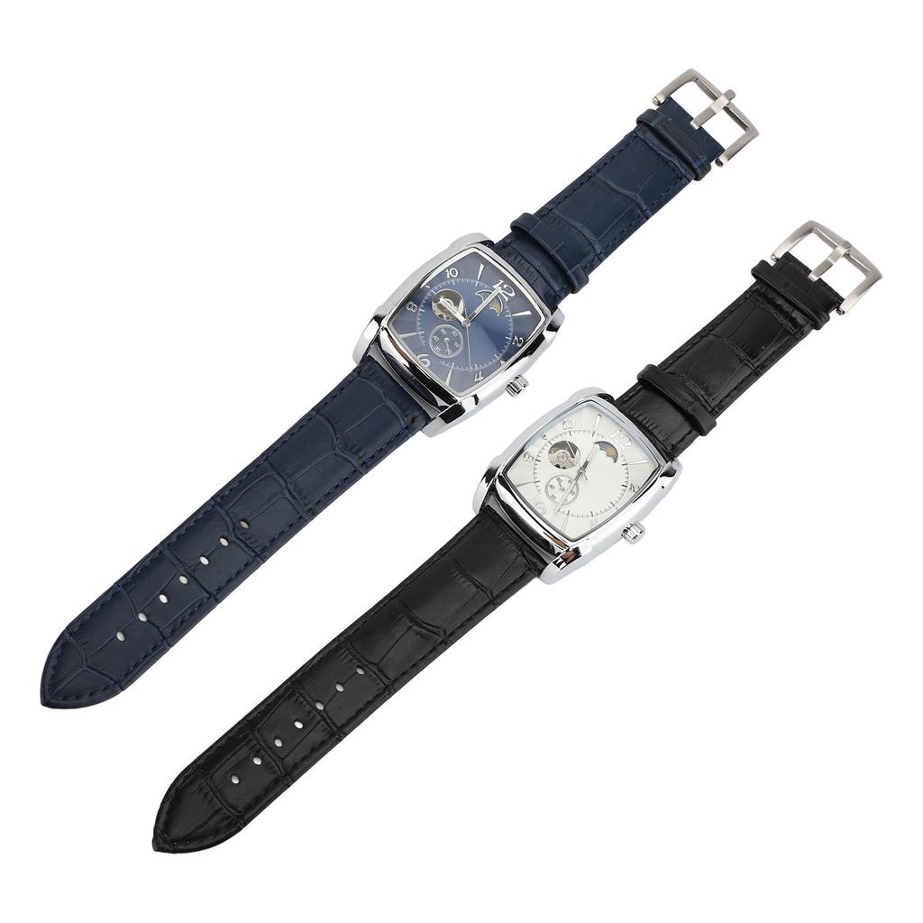 Skeleton Automatic Mechanical Wrist Watch for Men Moon Phase Self Winding Water Resistant PU Leather