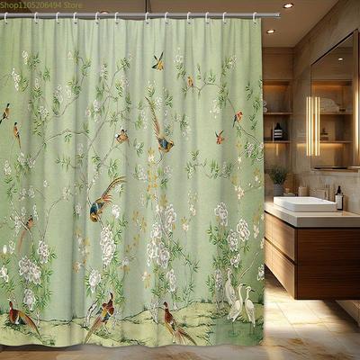1pc Vintage Floral Shower Curtain with Birds and Blossoms, Soft Green Polyester Fabric, Fashionable Woven Bathroom Decor, Mach