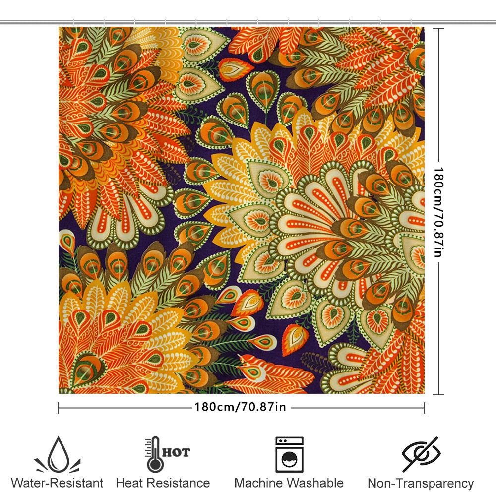 Decorative Shower Curtain With Colorful Mandala Design For Bathroom Decor Orange, Green, Yellow, Red Patterns On Navy Blue Backg