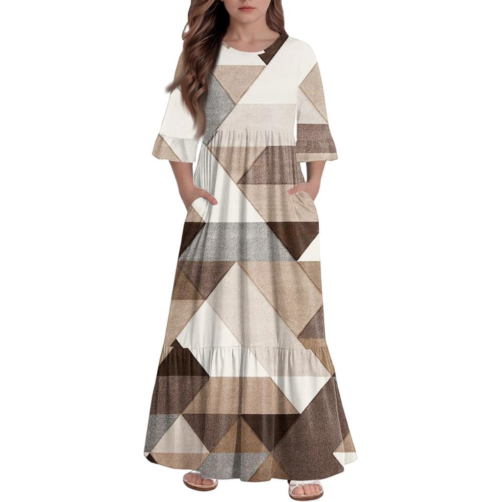 Mädchen Stufenkleid mit Rüschen - 3/4 Ärmel Taschen Maxi mit Taschen