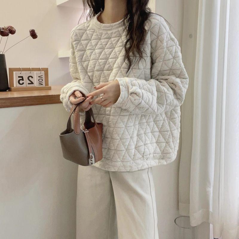 Diamond Quilted Sweatshirt for Women Autumn and Winter 2025 Loose Lazy Style Top Thickened Warm Top