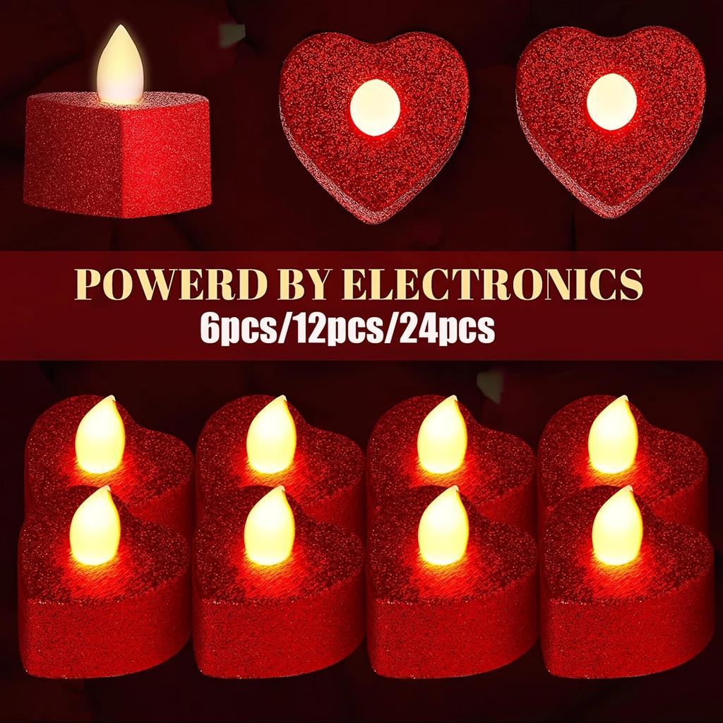 1/6/12/24pcs Heart-Shaped Electronic Candle Lights LED Candles, Heart-Shaped Light Candles Decoration Wedding Decor, Party Decor