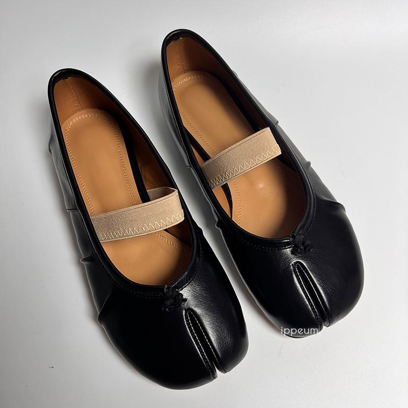 Fashion IPPEUM Women Elastic Band Ballerina Flats Ballet Split Toe Shoes Black Leather Plus Size Ballerinas Zapatos Mujer