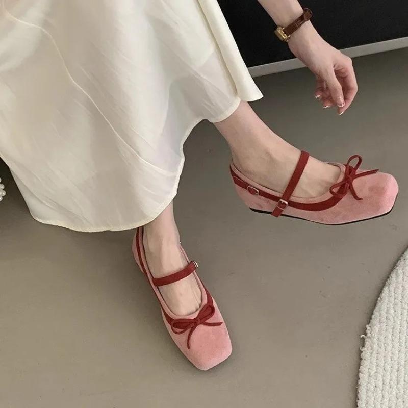 Fashion Inside Boost Suede Single Shoes Autumn New Square Toe One Bow Soft Sole Non-Slip Low Top Shoes