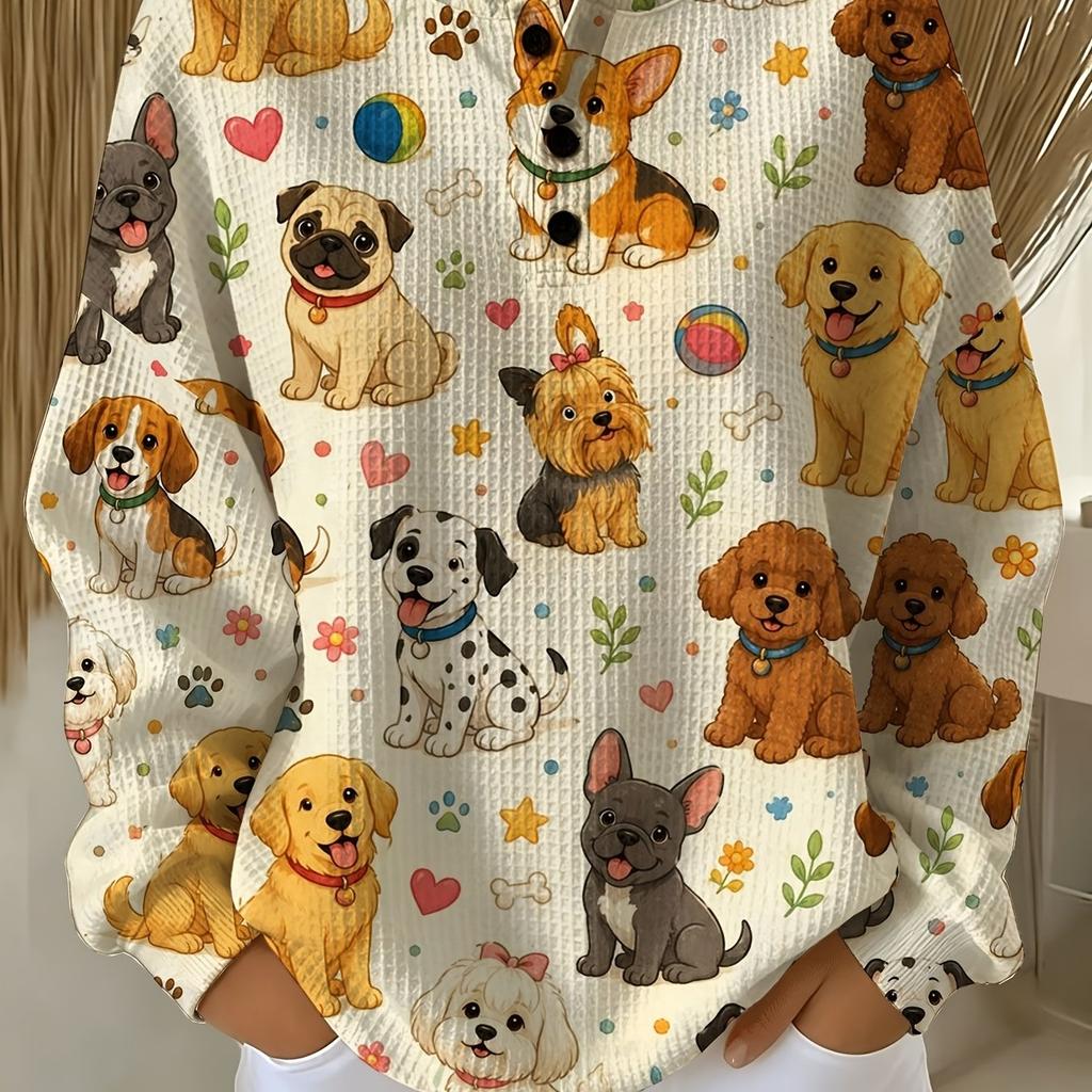 Waffle- Crewneck Sweatshirt with Cute Dog Breed Prints, a Full-print Design, and a Hood, Suitable for Casual Attire and Casual Swear