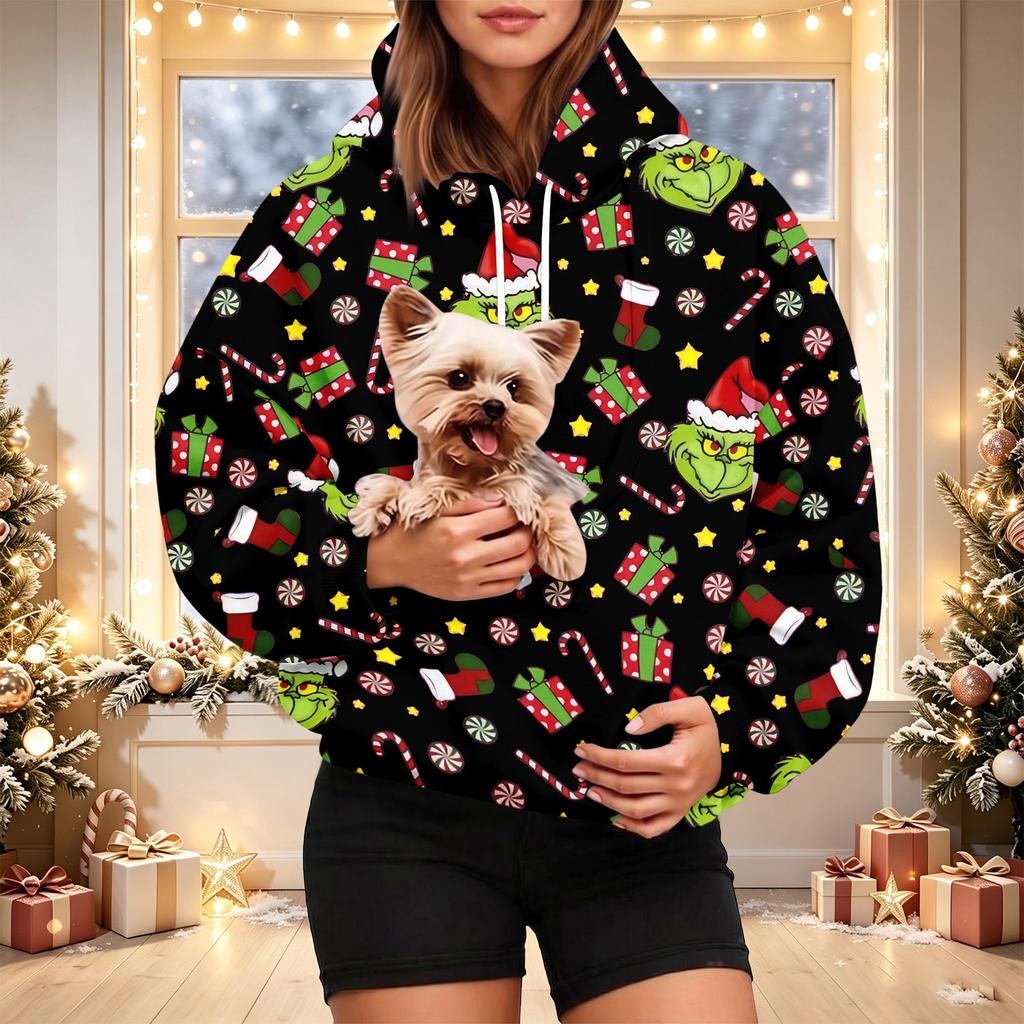 Damen Weihnachts-Print Kapuzenpullover mit Haustier-Tasche, Lässiger Feiertags-Pullover