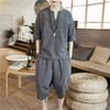 Men's Summer Linen Tang Suit: Lightweight Short-Sleeved Two-Piece Hanfu Zen Set