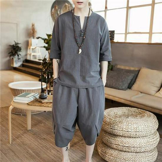 Men's Summer Linen Tang Suit: Lightweight Short-Sleeved Two-Piece Hanfu Zen Set