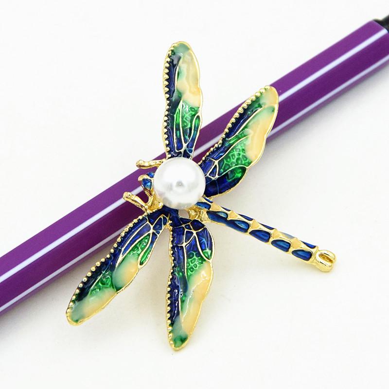 European and American Fashion Dragonfly Brooch with Pearl and Colorful Oil Paint Finish Zhenyao Jewelry