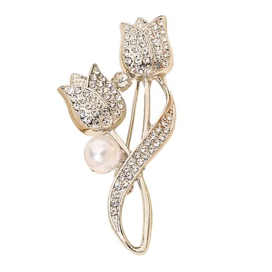 Women Alloy Brooch Pin, Tulip Shape Lapel Badge with Imitation Pearl Rhinestones Inlaid, Brooch Versatile Accessory for Sweaters Collars Hats Bags