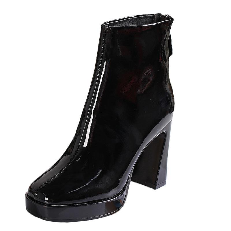 Fashion New Patent Leather Ankle Boots Women Winter Autumn Square High Heel Zipper Boots Square Toe Woman Shoes Black 39