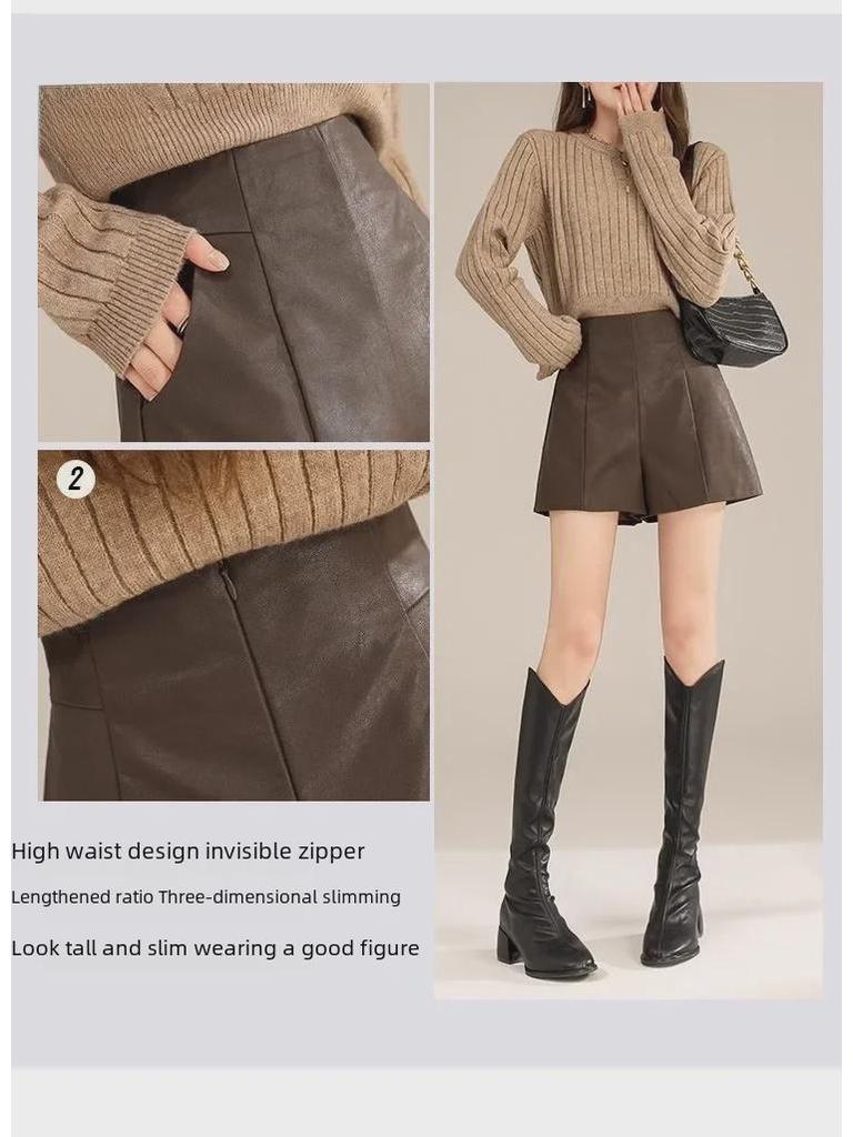 High Waist Women's PU Leather A-Line Shorts, Slim Wide-Leg, Black, Fall/Winter 2023, Korean Style, Perfect with Boots