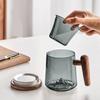 Tea Separation Filtration Glass Tea Cup Wood Handle Coaster Tea Water Separation Container With Infuser Filter Tea Making Cup