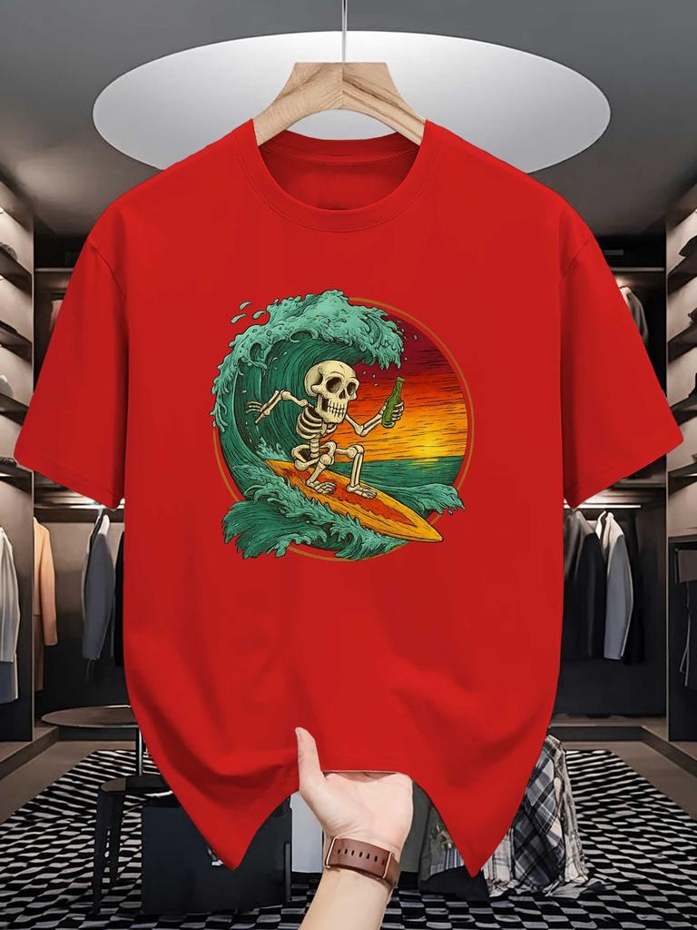 Unisex Crew Neck Tee Retro Skeleton Surf Ocean Wave Art Print Soft Cotton Loose Short Sleeve Summer Casual Male Streetwear Tops