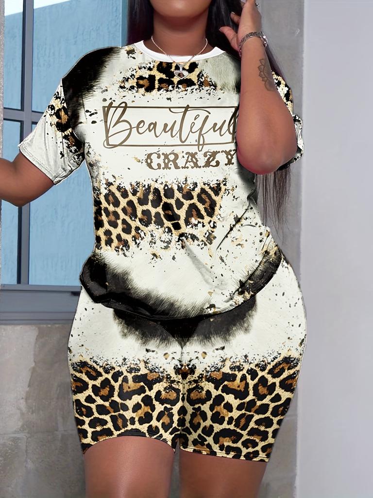 Leopard Print Plus Size Summer Fashion Outfits Women's 2 Piece Set Leopard With Letter Print Loose Short Sleeve Tee Shorts