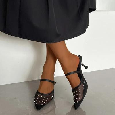 Mode Kristal Dames Slippers Sandalen met Hak Puntige Neus Mesh Muiltjes Schoenen Vrouw 2025 Trend Zomer Elegante Pumps Jurk Slides Plus Size