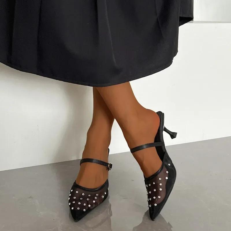 Fashion Crystal Women Slippers Heeled Sandals Pointed Toe Mesh Mules Shoes Woman 2025 Trend Summer Elegant Pumps Dress Slides Plus Size