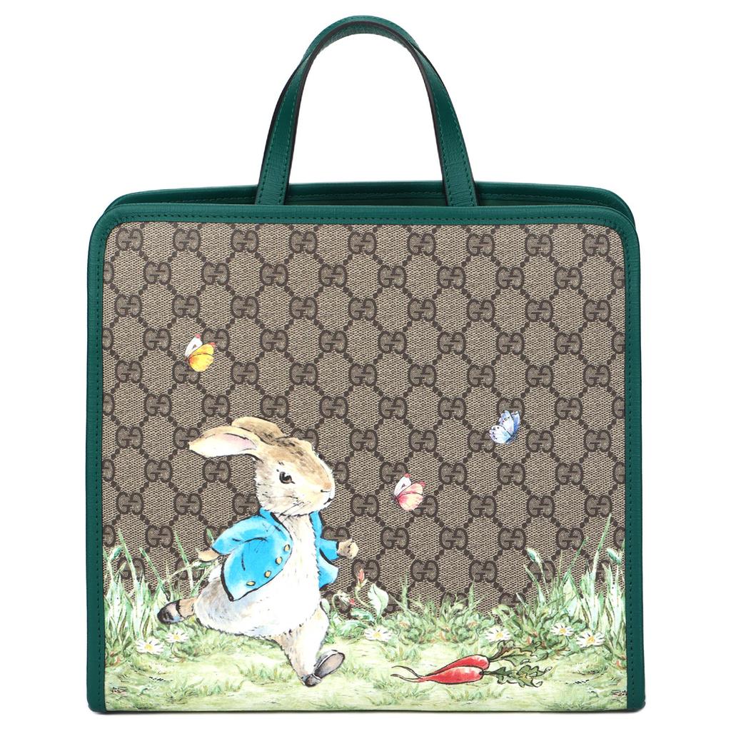 Gucci X Peter Rabbit Kolaboracja Nadruk Zwierzęcy Magnetyczne Zamknięcie Płócienna Torba Tote Dzieci Torba Tote Beżowy Ciemny Brąz 605614-FACZU-8459