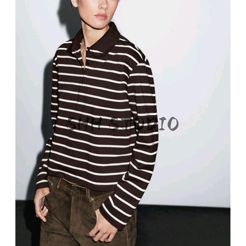 MD Early Autumn New Women clothes Retro Navy Style Short Top Stripe Long sleeve Knitted Polo Shirt 6210112