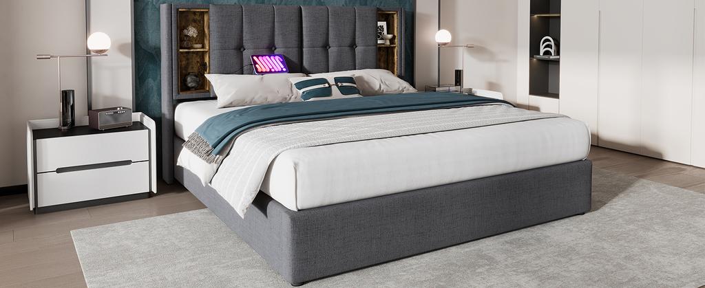 Double Bed with Wireless Charging USB C, Upholstered Bed Frame 160x200cm, Bed Frame with Storage Slatted Frame made of Wood-Grey Cotton (No Mattress)