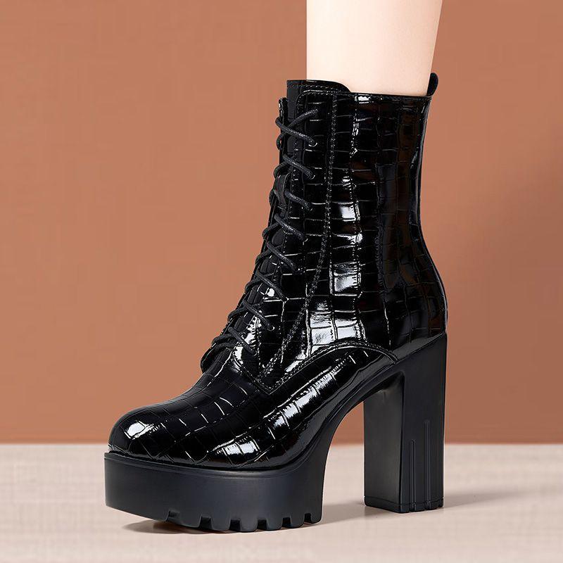 10cm British Patent Leather Boots Women's Block High Heels Shoes Fall Winter 2025 Thick Bottom Platform Ankle Motorcycle Boots