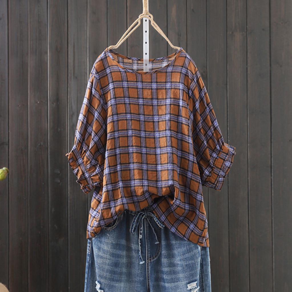 

Ramidos Женская повседневная свободная футболка с коротким рукавом и принтом в виде решетки Топ Блузка XXXXXL коричневый