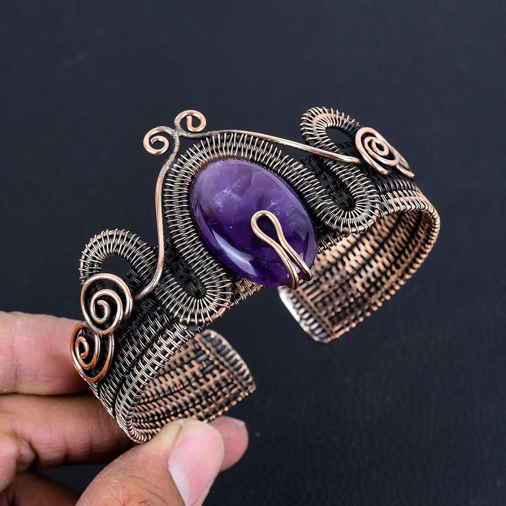 Amethyst Cuff Bracelet Real Gemstone Bangle, 999 Copper Wire Wrapped Bracelet Handmade Jewelry, Adjustable Bangle For Gift Women Jewelry