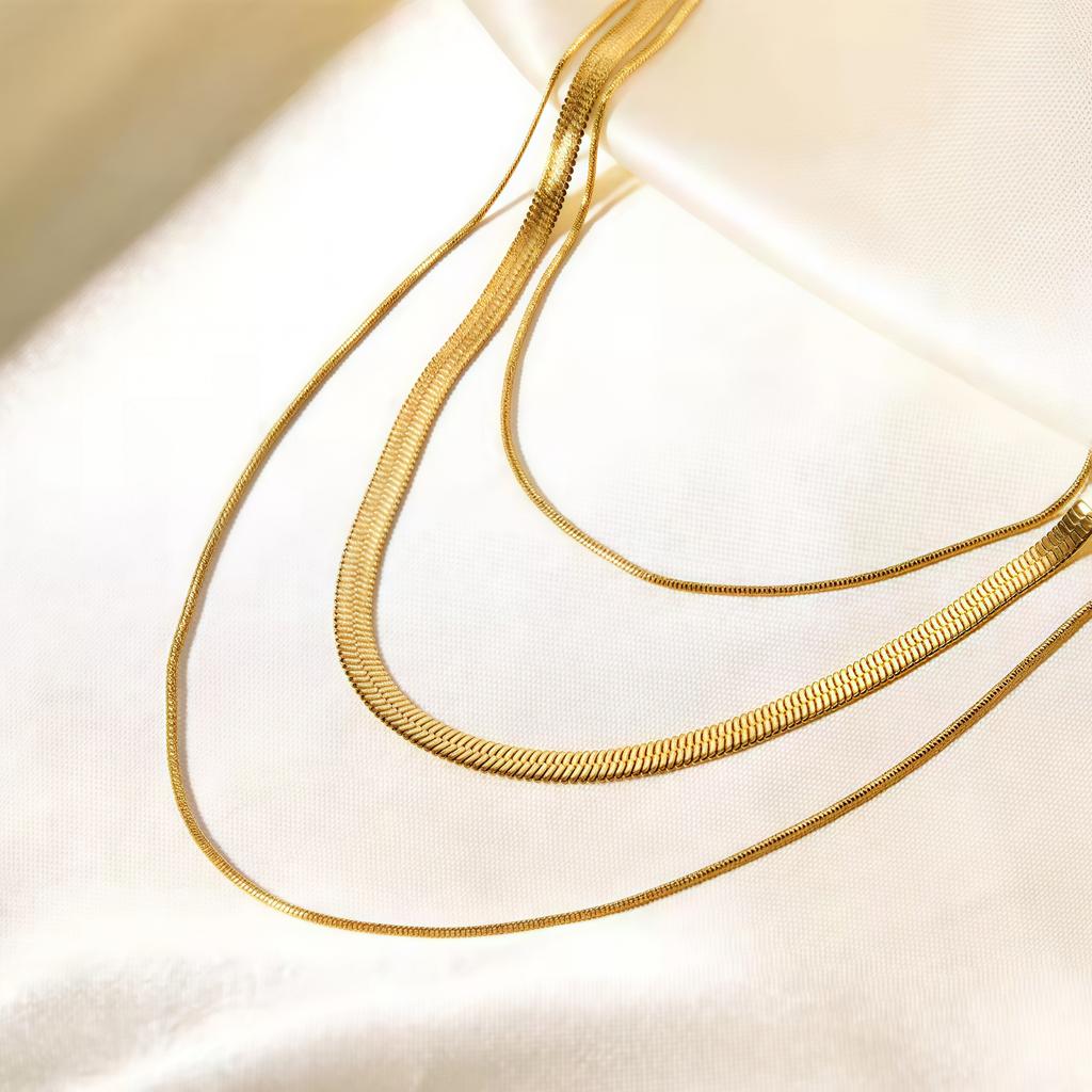 18K Gold Plated Stainless Steel Flat Snake Herringbone Layering Necklaces For Women Girl Waterproof Layered Chains Jewelry