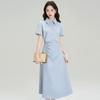 Blue French Polo Collar Waist Thin Dress Women's Summer New Teaching Interview Commuter Temperament Shirt Skirt