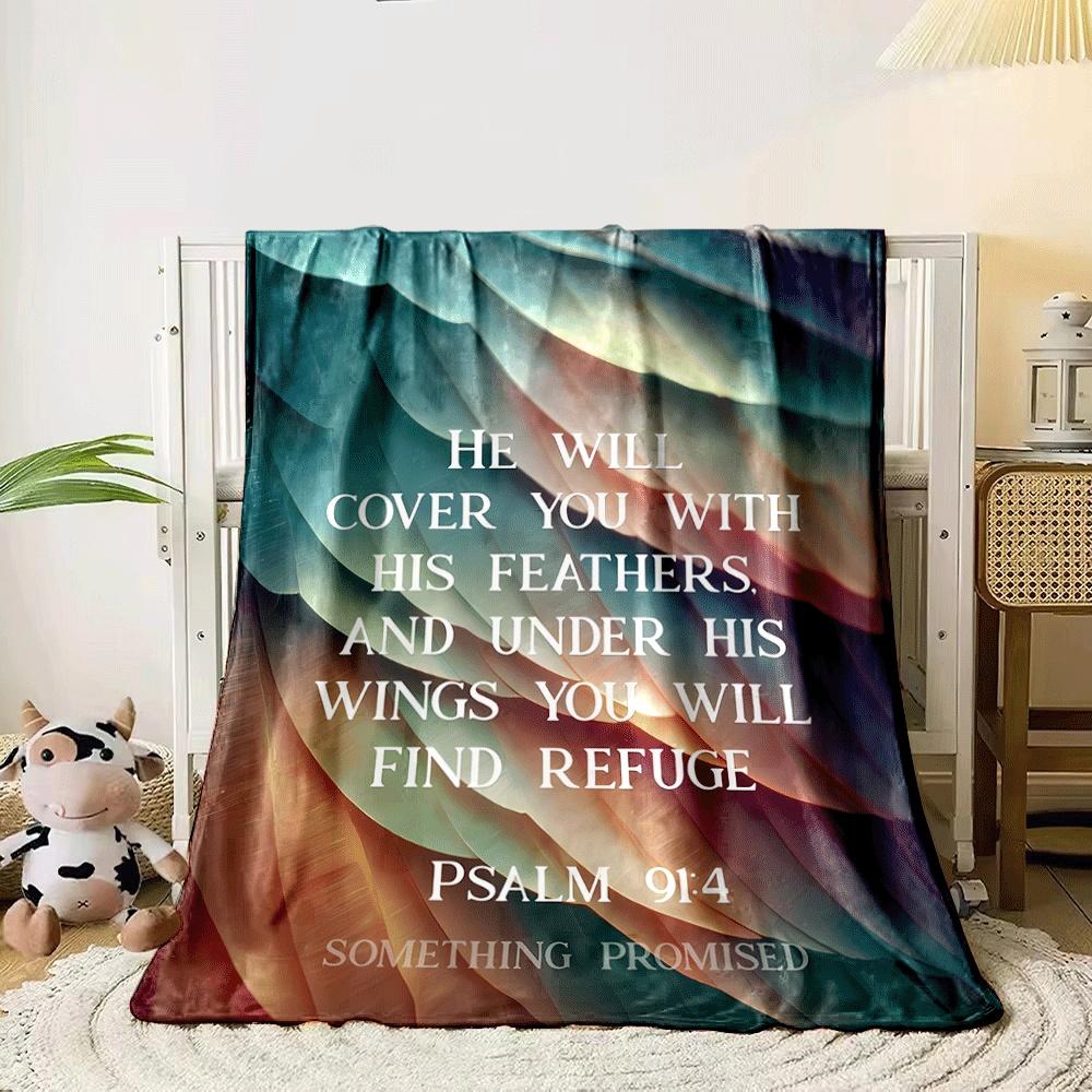 The pattern consists of layered, colorful feather-like shapes. for all seasons blanket lunch break throw gift 80cm x 120cm