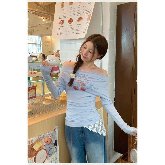 

Sweet Cherry Letter Print One-Shoulder Long-Sleeve Women s Slim-Fit Top Small синий