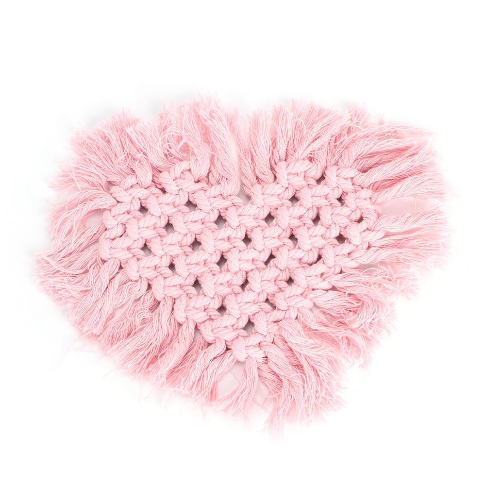 Household Kitchen Cotton Coffee Cup Coaster with Tassel Heat Insulated Pad Placemat Decoration(Pink Heart Shaped)