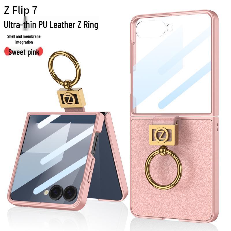 

Совместимый чехол для Samsung Z Flip7 со встроенной защитой экрана, кольцом для пальца, противоударный, однотонная кожаная защитная крышка SM-Flip7