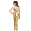 Girls Stage Performance Jumpsuit: Asymmetrical Metallic Mock Neck Mesh Patchwork Back Invisible Zipper Bodysuit Dancewear