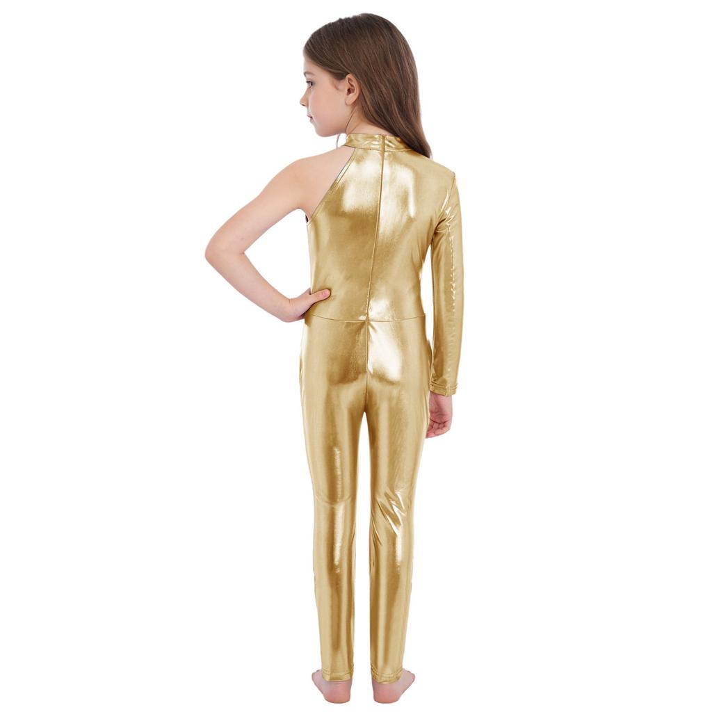 Girls Stage Performance Jumpsuit: Asymmetrical Metallic Mock Neck Mesh Patchwork Back Invisible Zipper Bodysuit Dancewear