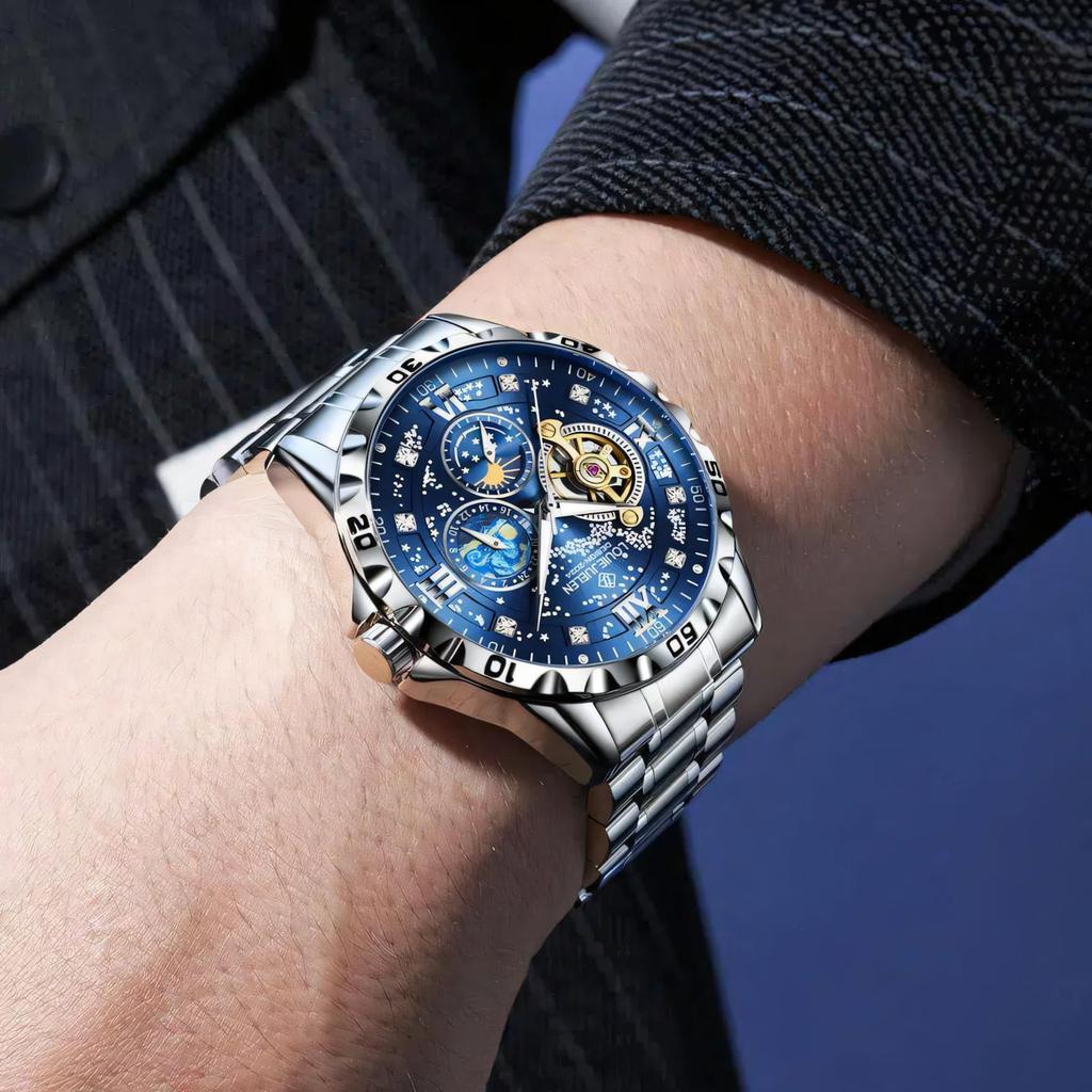 Luxury Automatic Mechanical Men Watch Fashion Moon Phase Business Watches Hollow Tourbillon Stainless Steel Men Wristwatch